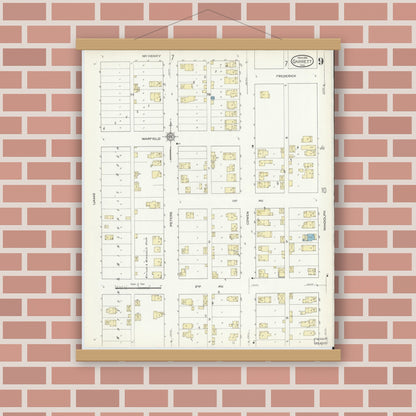 Old map wall art mockup — magnetic wood frame on brick wall — Sanborn Fire Insurance Map from Garrett, De Kalb County, Indiana (1914), Sheet #0009