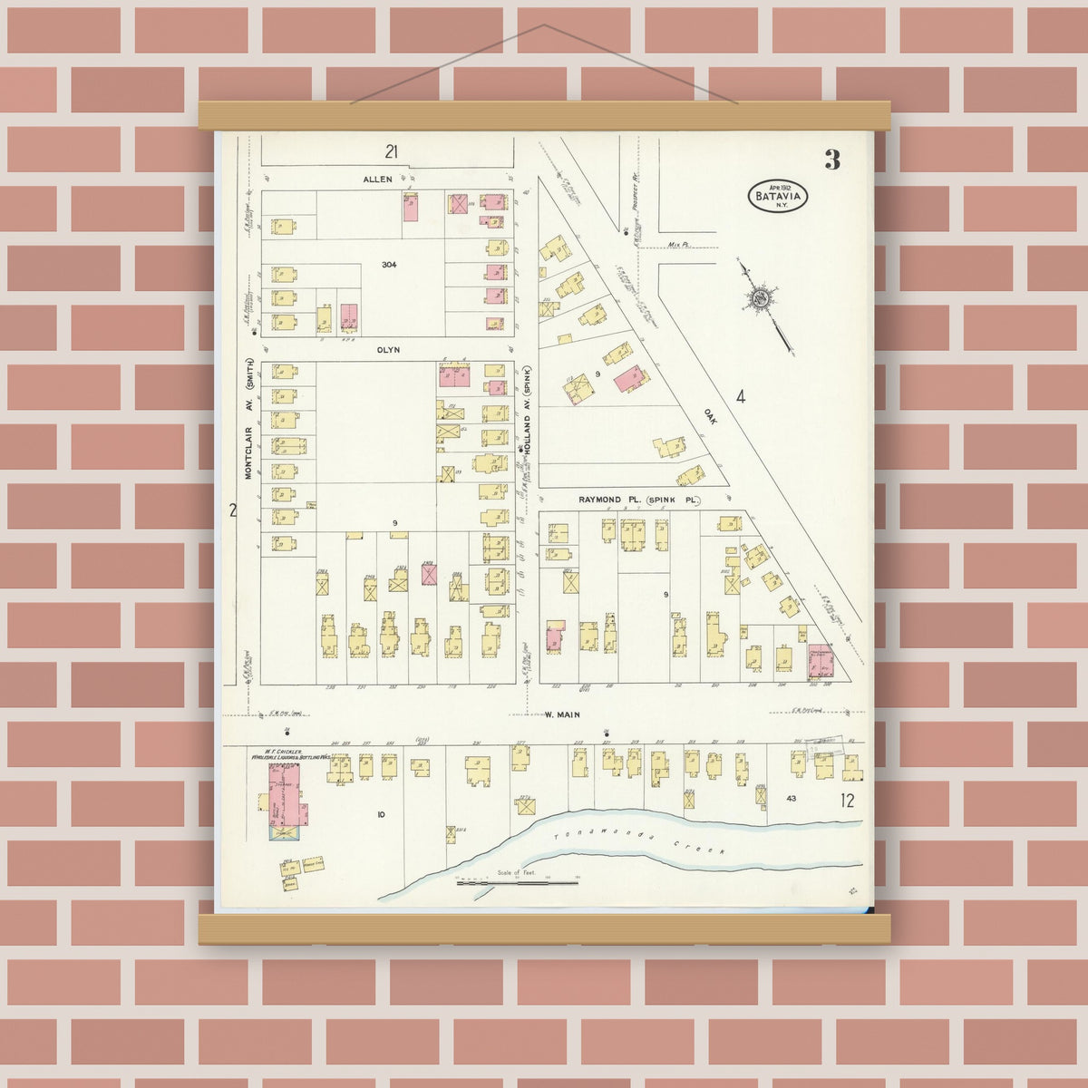 Old map wall art mockup — magnetic wood frame on brick wall — Sanborn Fire Insurance Map from Batavia, Genesee County, New York (1912), Sheet #0003