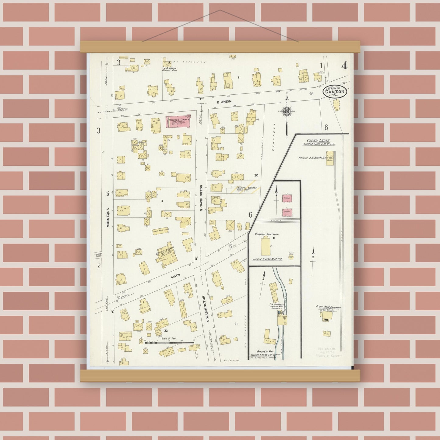 Old map wall art mockup — magnetic wood frame on brick wall — Sanborn Fire Insurance Map from Canton, Bradford County, Pennsylvania (1911), Sheet #0004