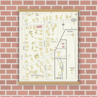 Old map wall art mockup — magnetic wood frame on brick wall — Sanborn Fire Insurance Map from Canton, Bradford County, Pennsylvania (1911), Sheet #0004