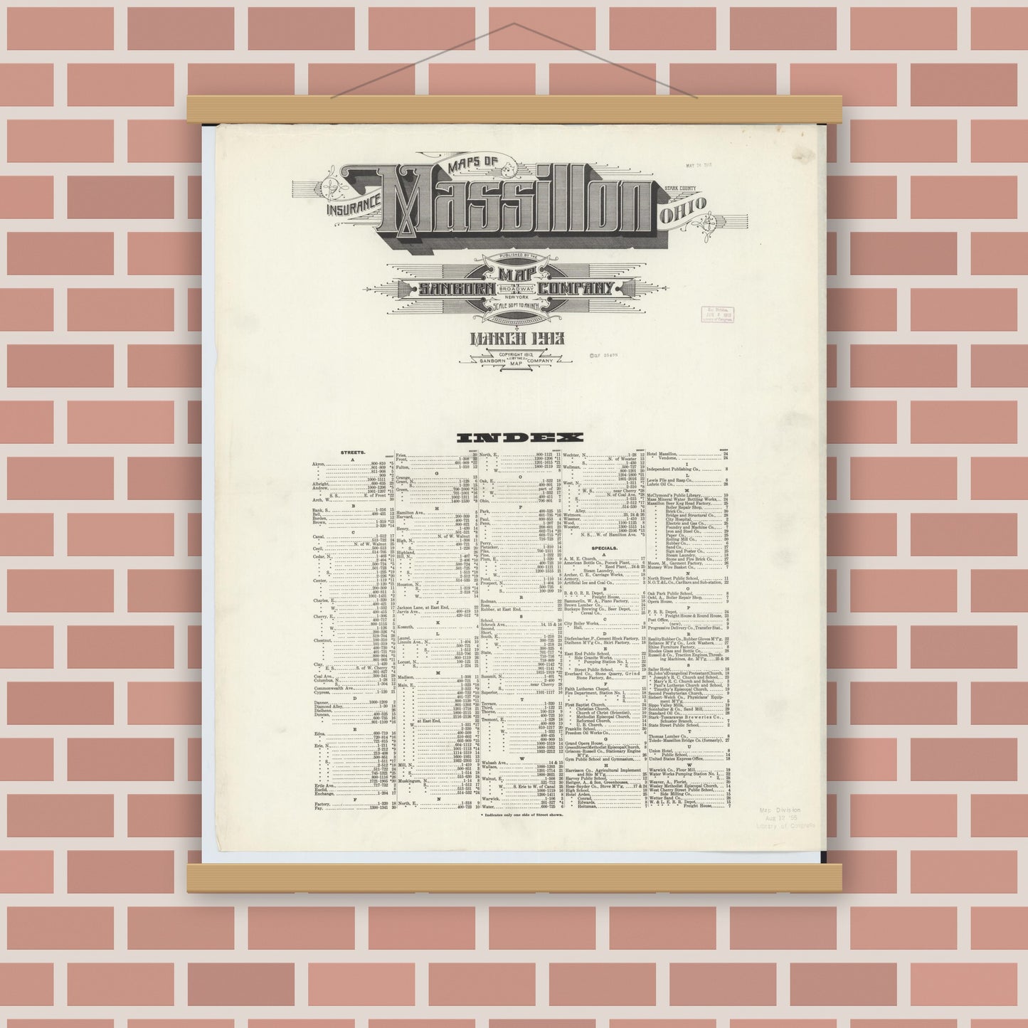 Old map wall art mockup — magnetic wood frame on brick wall — Sanborn Fire Insurance Map from Massillon, Stark County, Ohio (1913), Sheet #0001