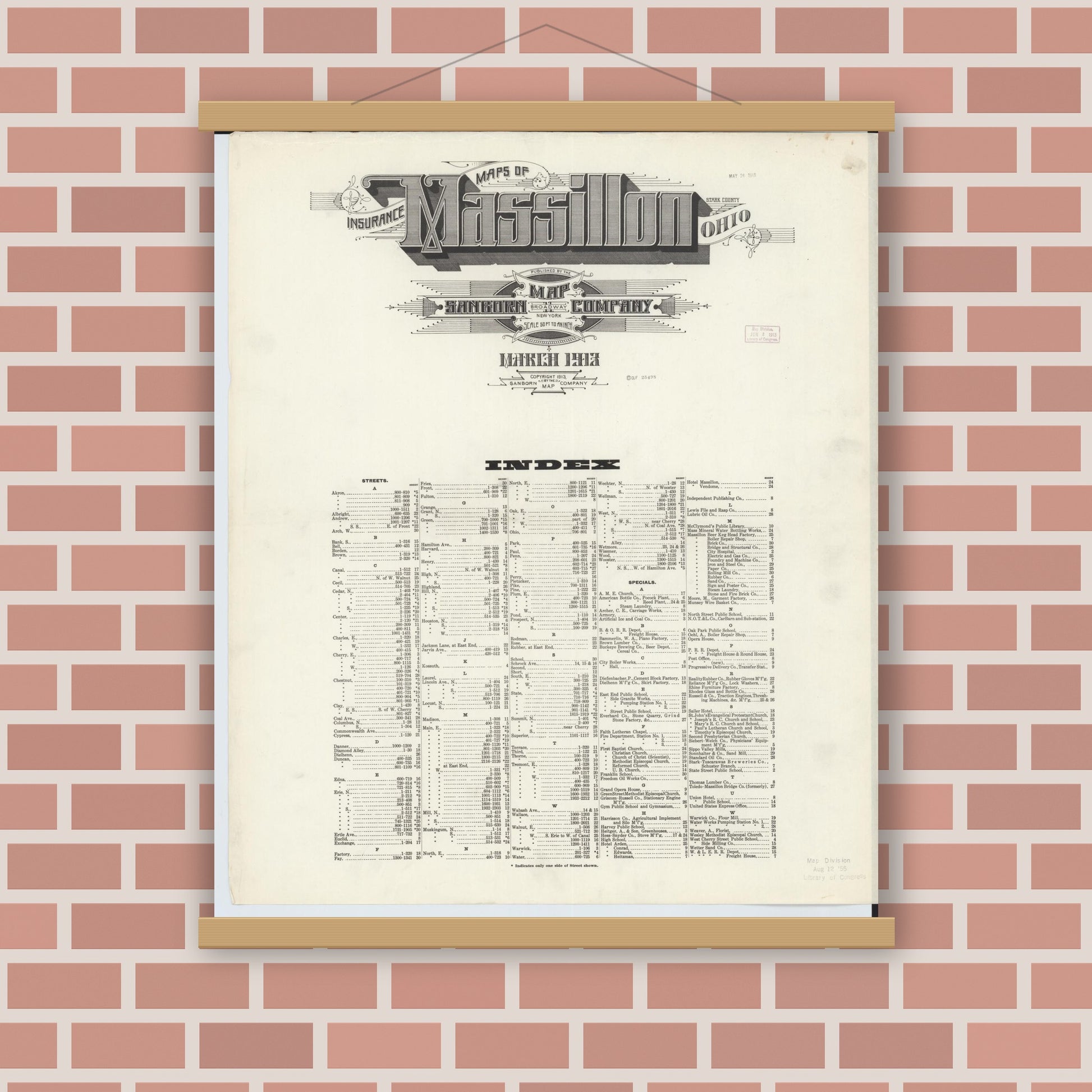 Old map wall art mockup — magnetic wood frame on brick wall — Sanborn Fire Insurance Map from Massillon, Stark County, Ohio (1913), Sheet #0001