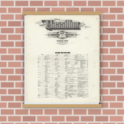 Old map wall art mockup — magnetic wood frame on brick wall — Sanborn Fire Insurance Map from Massillon, Stark County, Ohio (1913), Sheet #0001