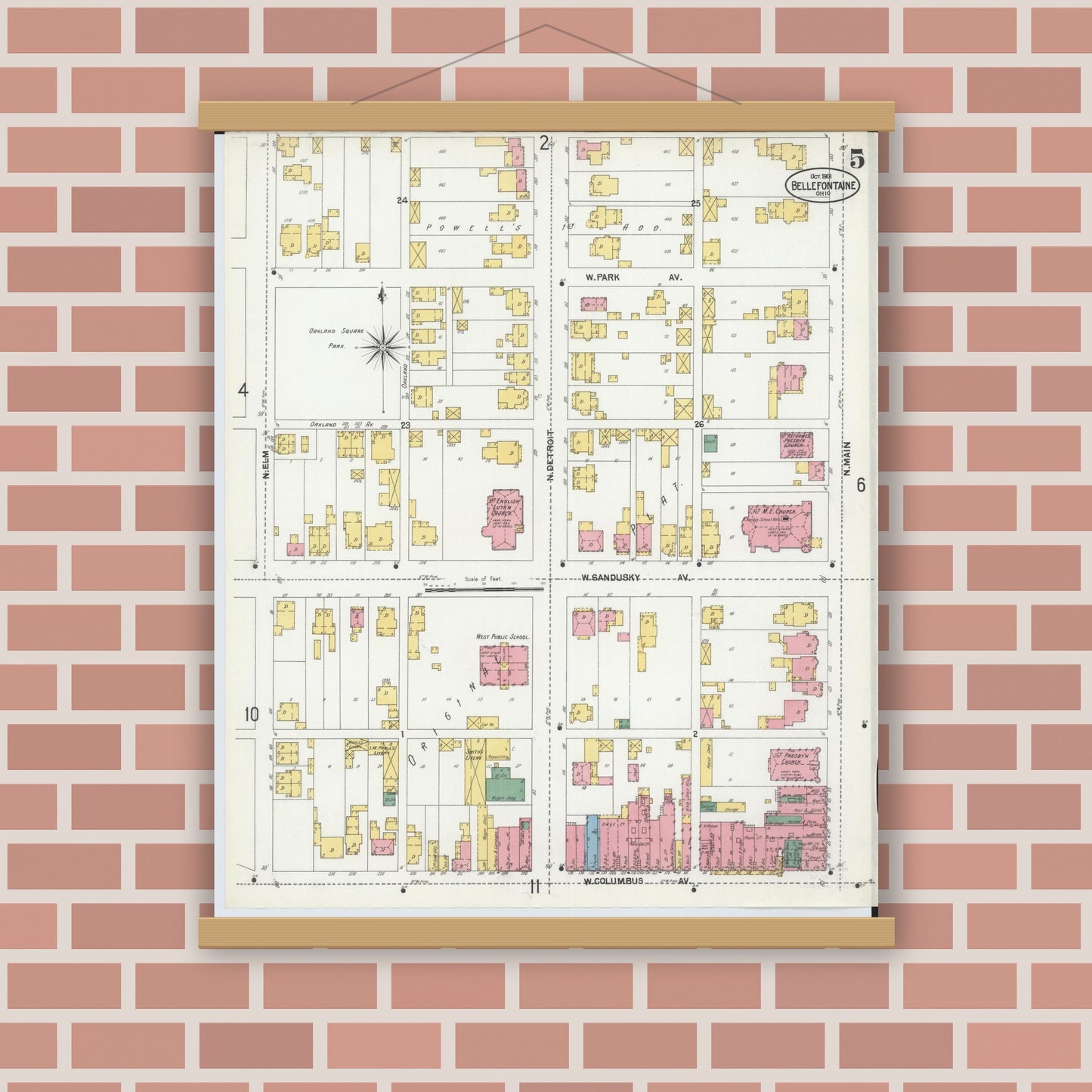 Old map wall art mockup — magnetic wood frame on brick wall — Sanborn Fire Insurance Map from Bellefontaine, Logan County, Ohio (1901), Sheet #0005