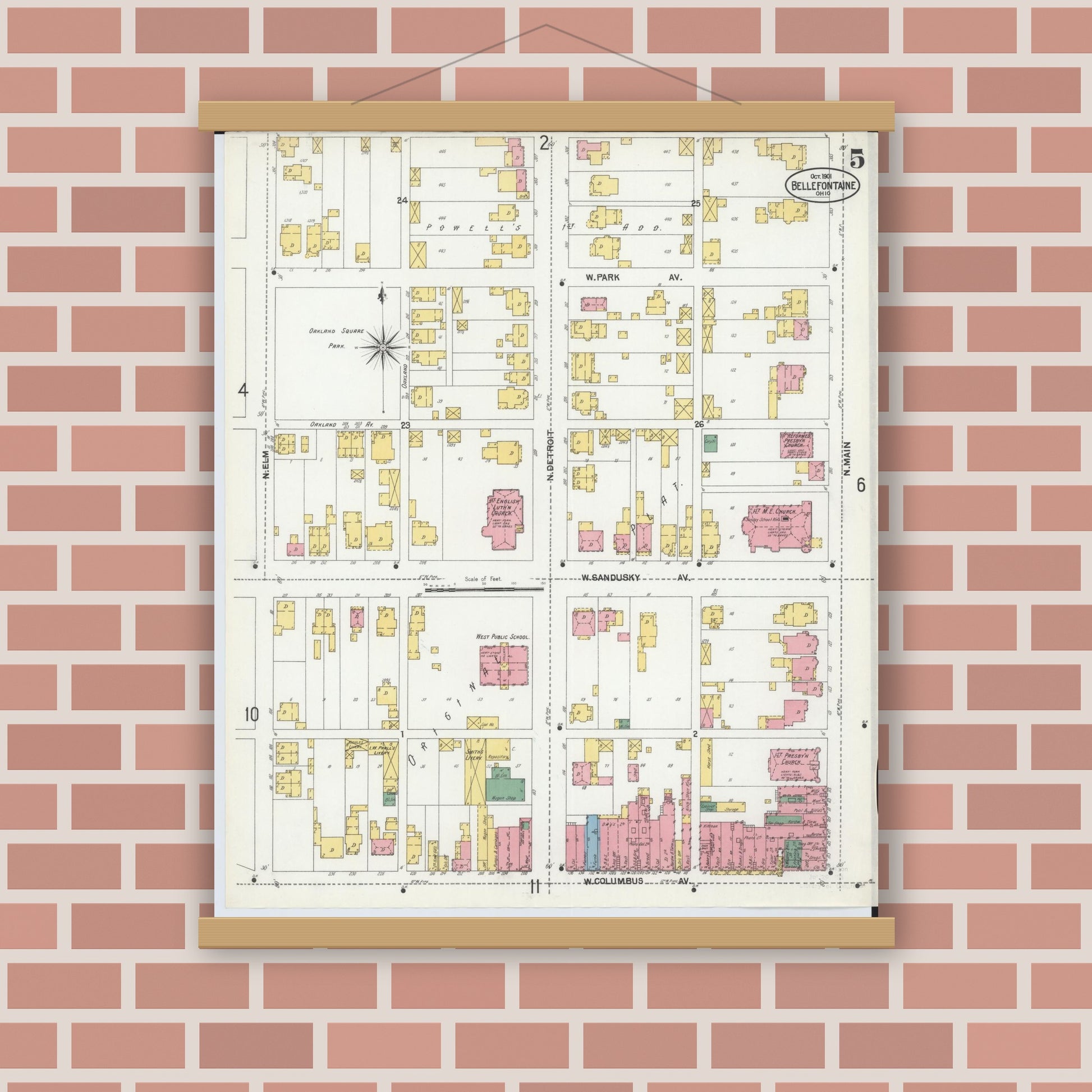 Old map wall art mockup — magnetic wood frame on brick wall — Sanborn Fire Insurance Map from Bellefontaine, Logan County, Ohio (1901), Sheet #0005