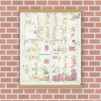 Old map wall art mockup — magnetic wood frame on brick wall — Sanborn Fire Insurance Map from Bellefontaine, Logan County, Ohio (1901), Sheet #0005