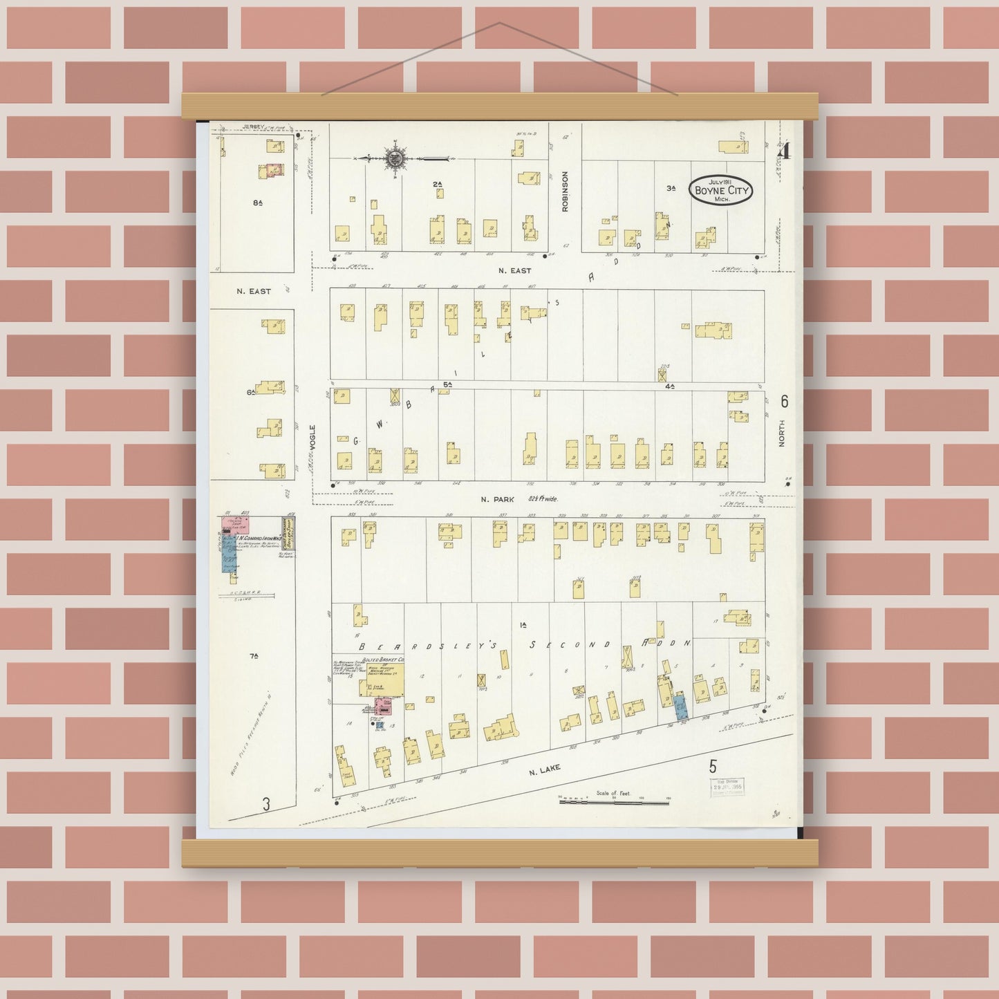 Old map wall art mockup — magnetic wood frame on brick wall — Sanborn Fire Insurance Map from Boyne City, Charlevoix County, Michigan (1911), Sheet #0004