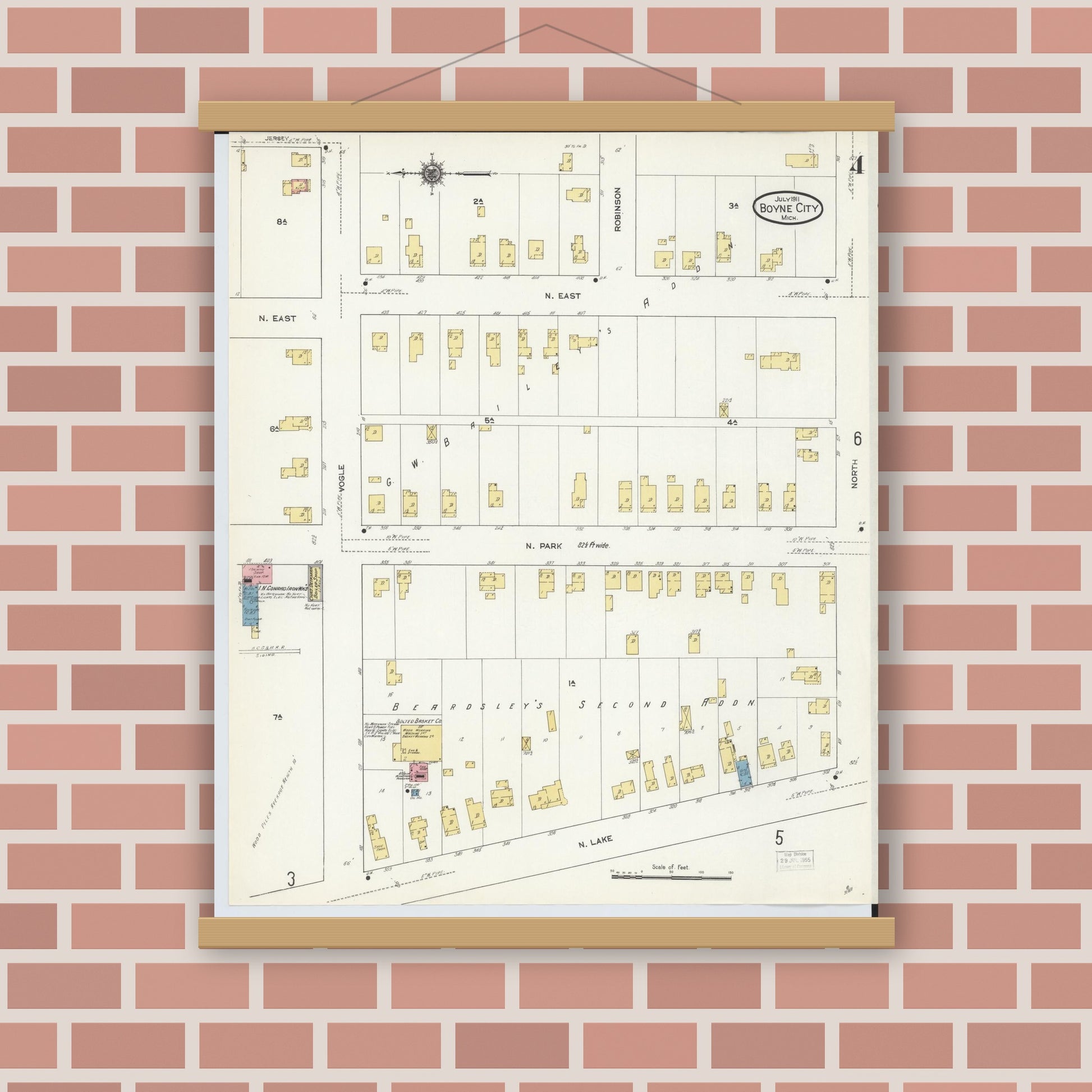 Old map wall art mockup — magnetic wood frame on brick wall — Sanborn Fire Insurance Map from Boyne City, Charlevoix County, Michigan (1911), Sheet #0004