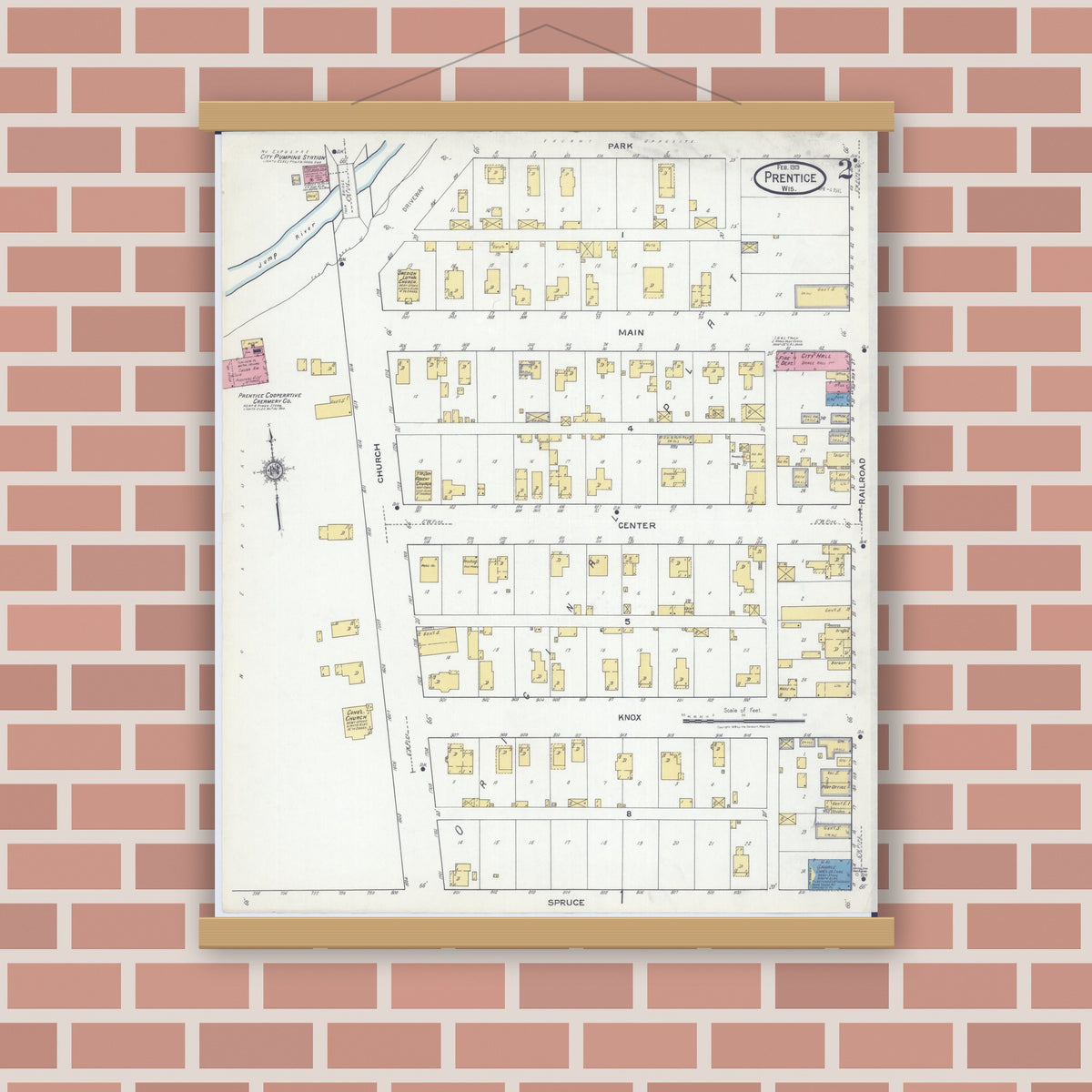 Old map wall art mockup — magnetic wood frame on brick wall — Sanborn Fire Insurance Map from Prentice, Price County, Wisconsin (1919), Sheet #0002