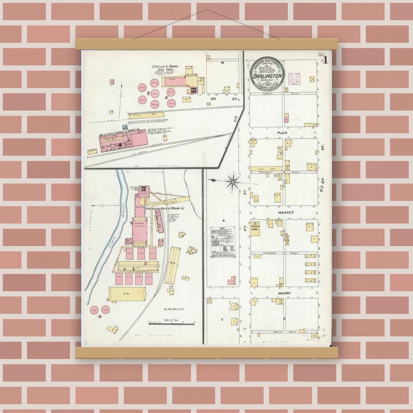 Old map wall art mockup — magnetic wood frame on brick wall — Sanborn Fire Insurance Map from Darlington, Beaver County, Pennsylvania (1906) - Complete Map Set