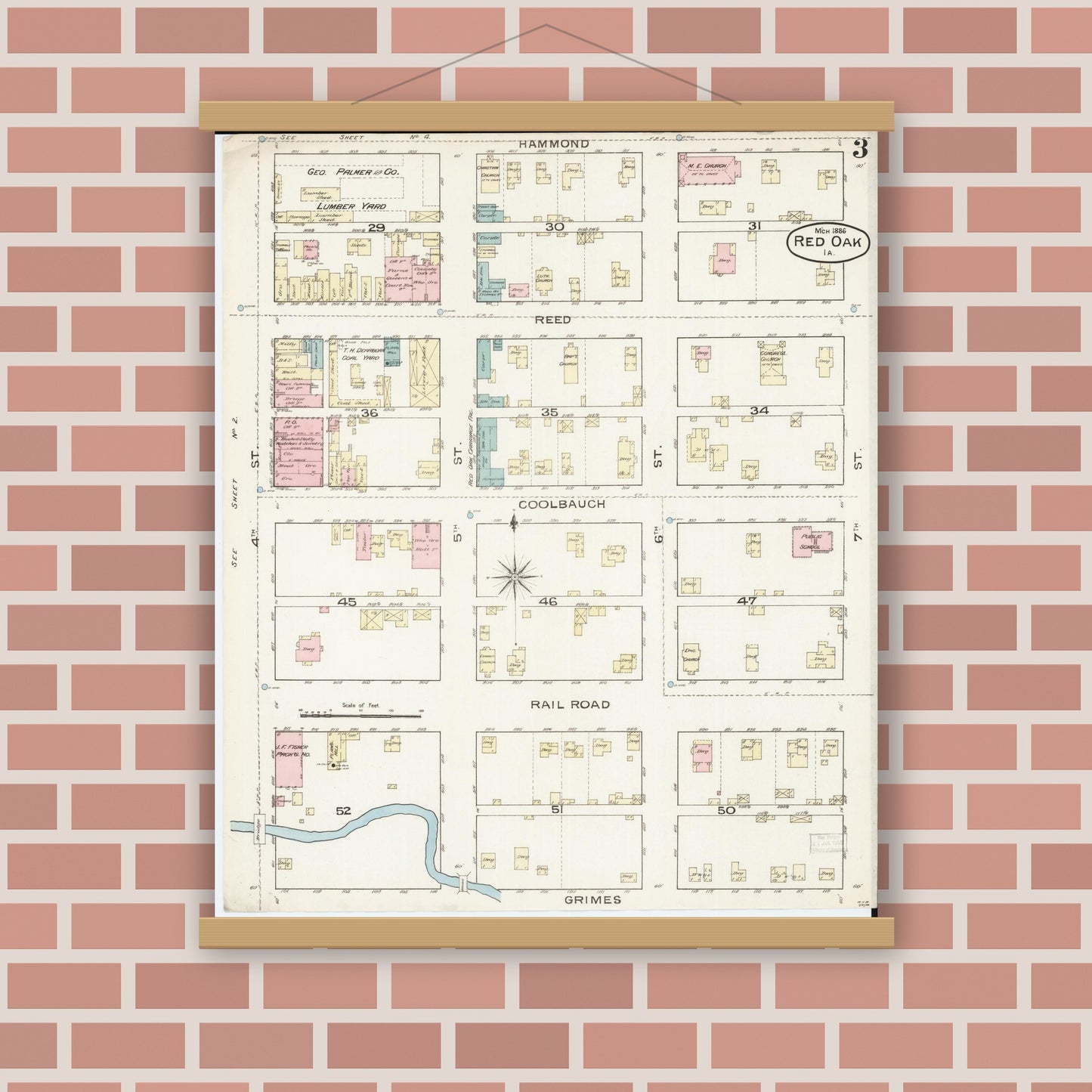 Old map wall art mockup — magnetic wood frame on brick wall — Sanborn Fire Insurance Map from Red Oak, Montgomery County, Iowa (1886), Sheet #0003