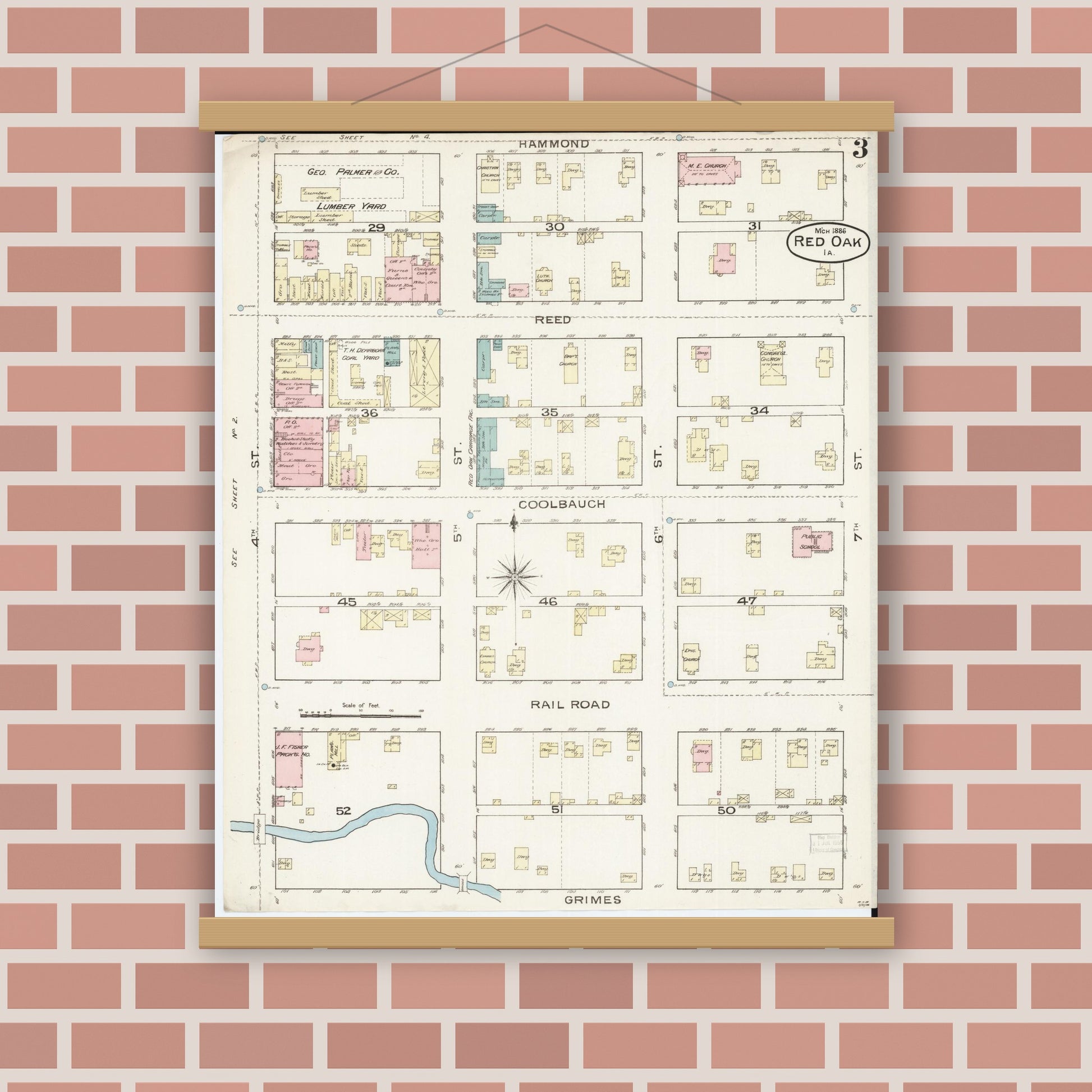 Old map wall art mockup — magnetic wood frame on brick wall — Sanborn Fire Insurance Map from Red Oak, Montgomery County, Iowa (1886), Sheet #0003