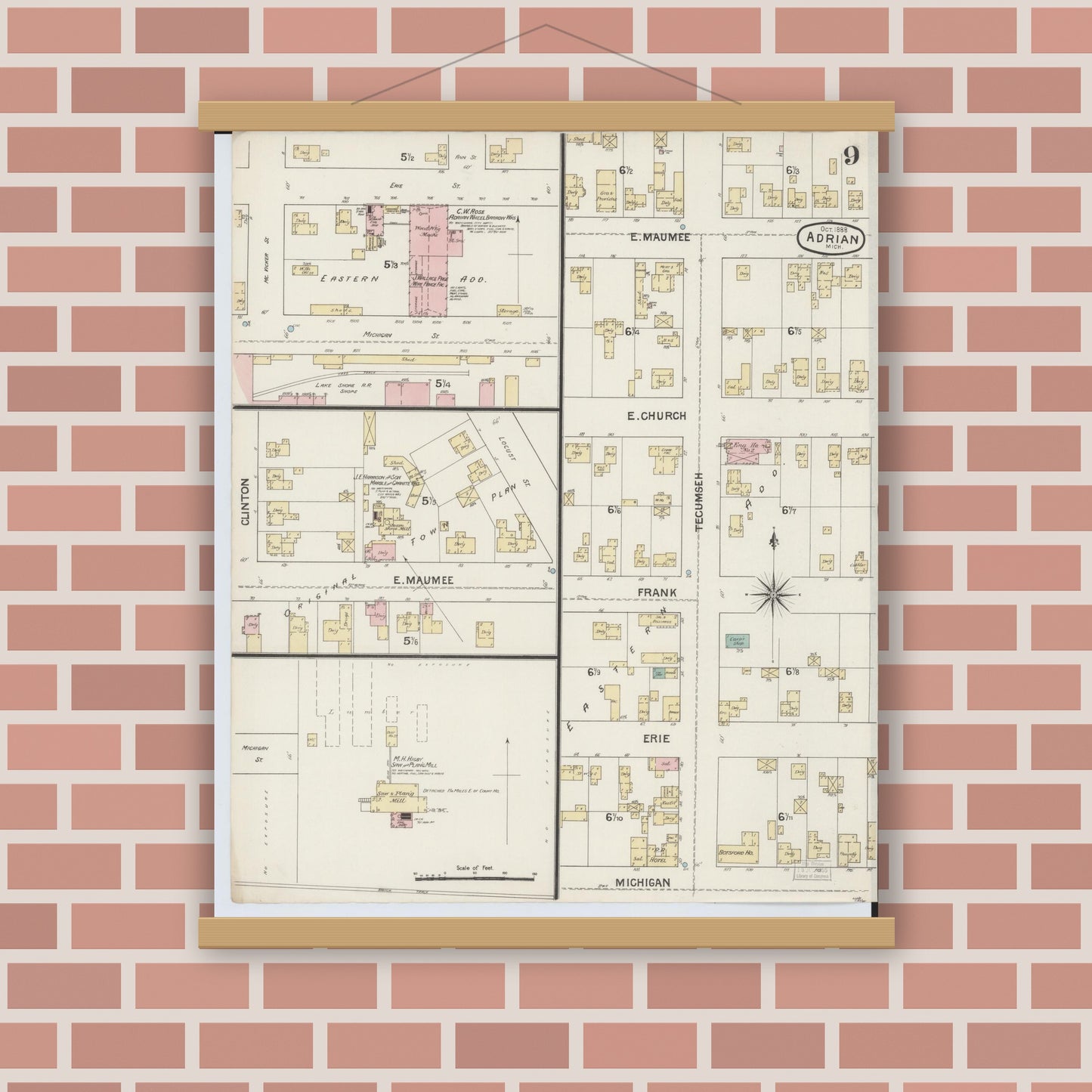Old map wall art mockup — magnetic wood frame on brick wall — Sanborn Fire Insurance Map from Adrian, Lenawee County, Michigan (1888), Sheet #0009