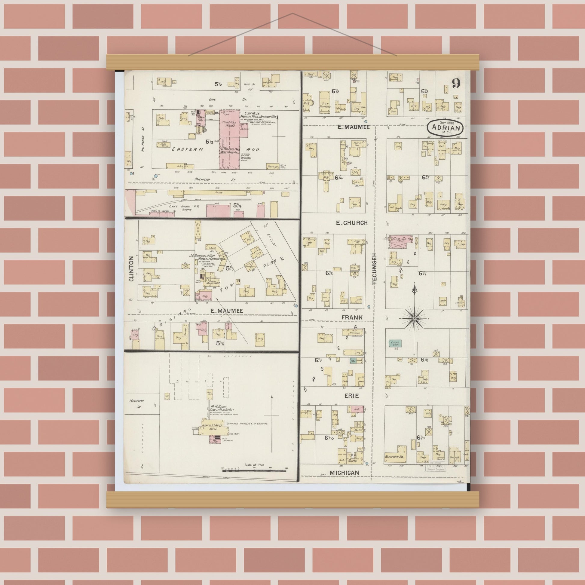 Old map wall art mockup — magnetic wood frame on brick wall — Sanborn Fire Insurance Map from Adrian, Lenawee County, Michigan (1888), Sheet #0009