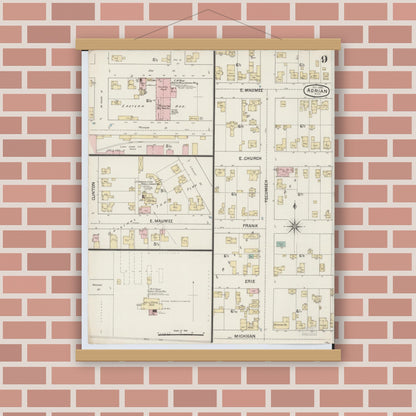 Old map wall art mockup — magnetic wood frame on brick wall — Sanborn Fire Insurance Map from Adrian, Lenawee County, Michigan (1888), Sheet #0009