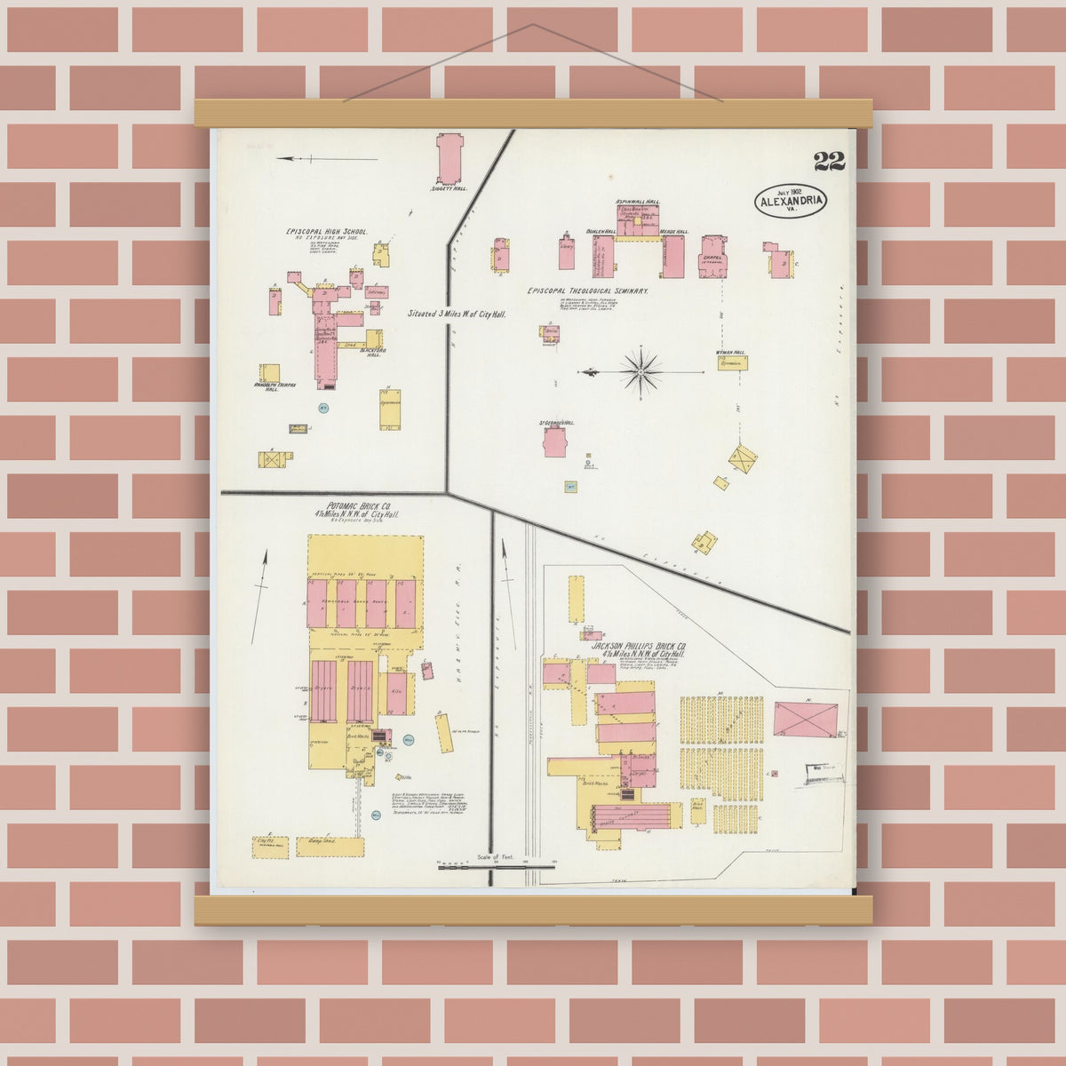 Old map wall art mockup — magnetic wood frame on brick wall — Sanborn Fire Insurance Map from Alexandria, Independent Cities, Virginia (1902), Sheet #0022