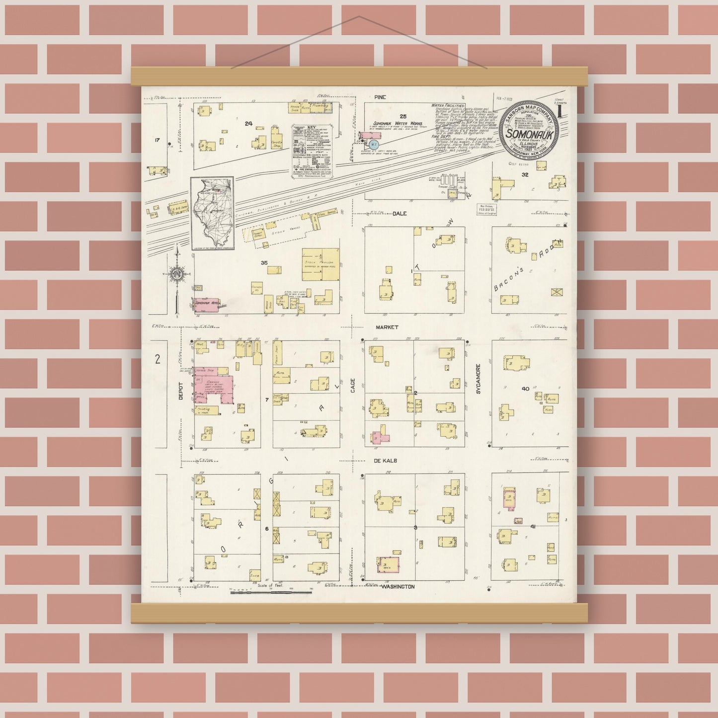 Old map wall art mockup — magnetic wood frame on brick wall — Sanborn Fire Insurance Map from Somonauk, De Kalb County, Illinois (1921), Sheet #0001