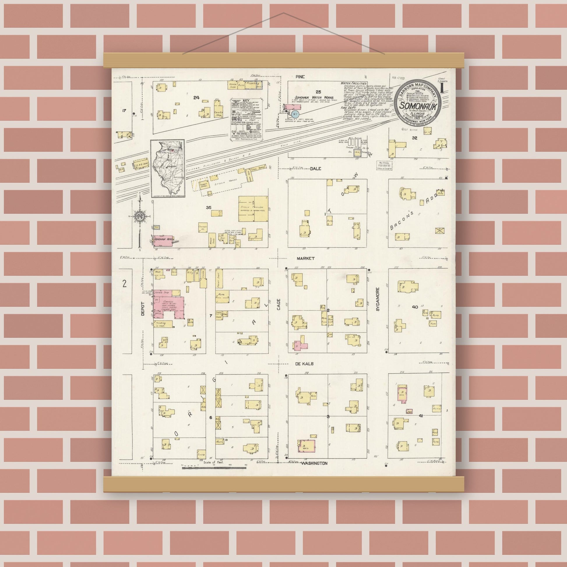 Old map wall art mockup — magnetic wood frame on brick wall — Sanborn Fire Insurance Map from Somonauk, De Kalb County, Illinois (1921), Sheet #0001