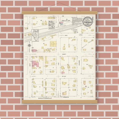 Old map wall art mockup — magnetic wood frame on brick wall — Sanborn Fire Insurance Map from Somonauk, De Kalb County, Illinois (1921), Sheet #0001