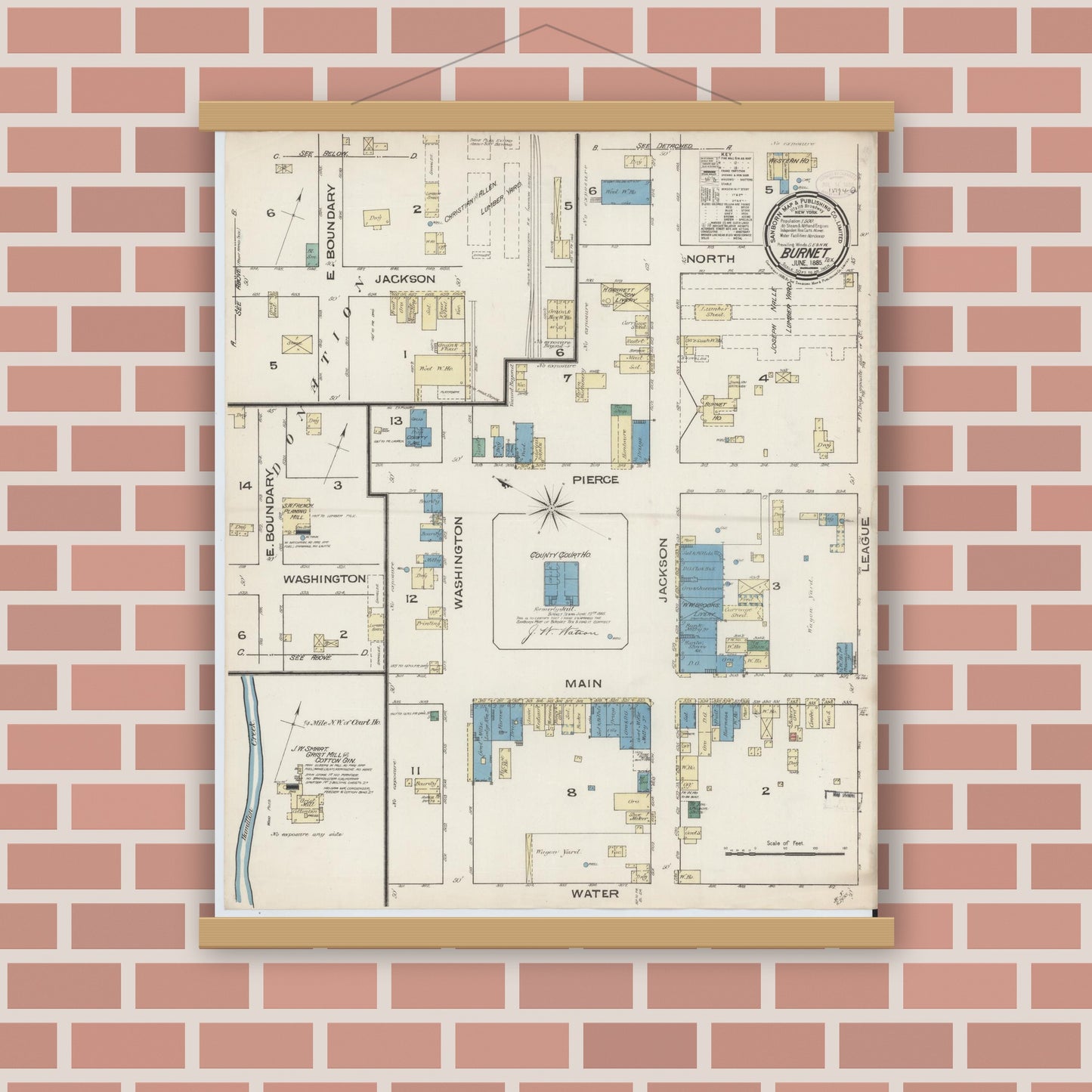 Old map wall art mockup — magnetic wood frame on brick wall — Sanborn Fire Insurance Map from Burnet, Burnet County, Texas (1885), Sheet #0001