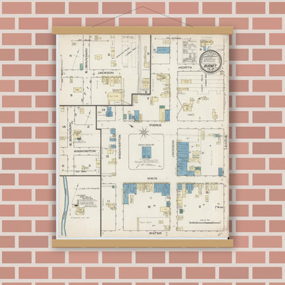 Old map wall art mockup — magnetic wood frame on brick wall — Sanborn Fire Insurance Map from Burnet, Burnet County, Texas (1885), Sheet #0001