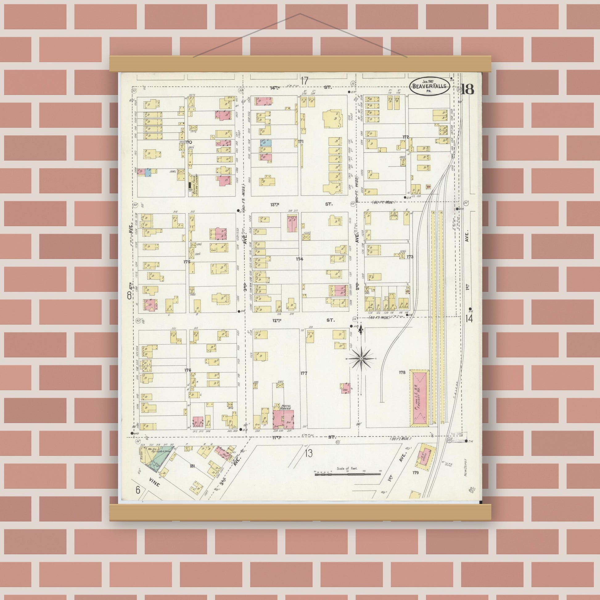 Old map wall art mockup — magnetic wood frame on brick wall — Sanborn Fire Insurance Map from Beaver Falls, Beaver County, Pennsylvania (1907), Sheet #0018