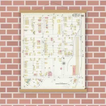 Old map wall art mockup — magnetic wood frame on brick wall — Sanborn Fire Insurance Map from Beaver Falls, Beaver County, Pennsylvania (1907), Sheet #0018