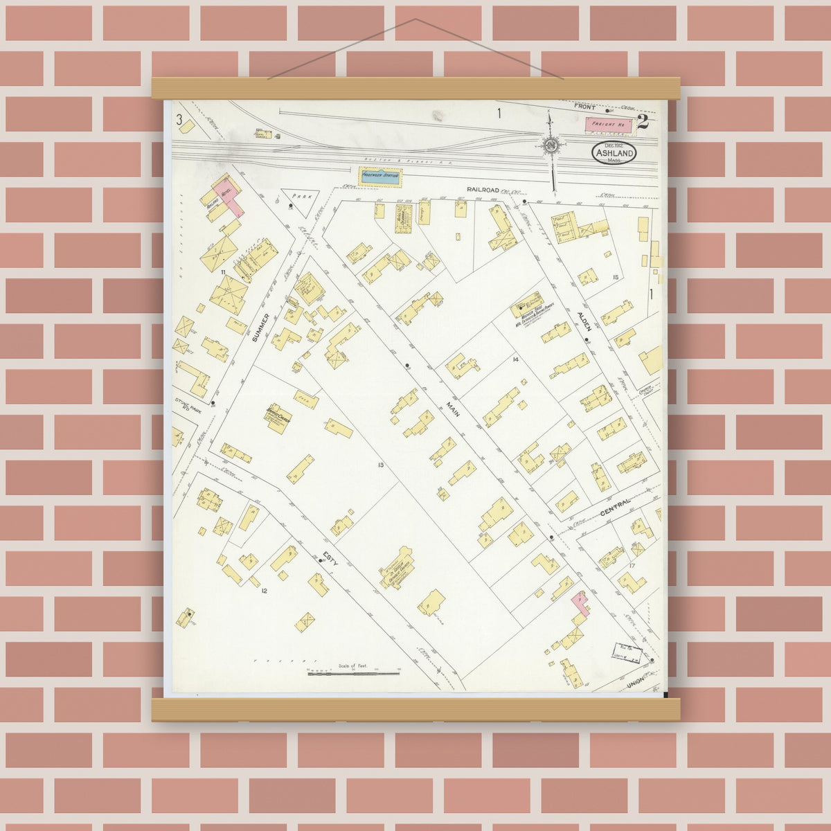 Old map wall art mockup — magnetic wood frame on brick wall — Sanborn Fire Insurance Map from Ashland, Middlesex County, Massachusetts (1912), Sheet #0002