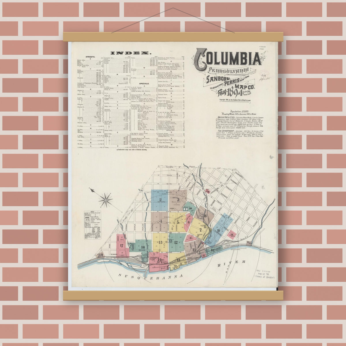 Old map wall art mockup — magnetic wood frame on brick wall — Sanborn Fire Insurance Map from Columbia, Lancaster County, Pennsylvania (1894), Sheet #0001