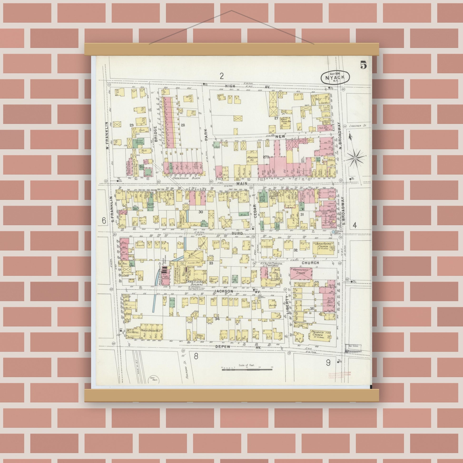 Old map wall art mockup — magnetic wood frame on brick wall — Sanborn Fire Insurance Map from Nyack, Rockland County, New York. (1896), Sheet #0005