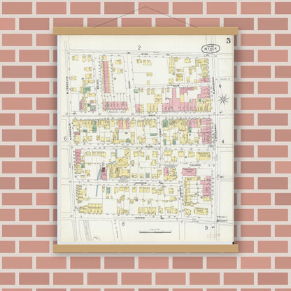 Old map wall art mockup — magnetic wood frame on brick wall — Sanborn Fire Insurance Map from Nyack, Rockland County, New York. (1896), Sheet #0005