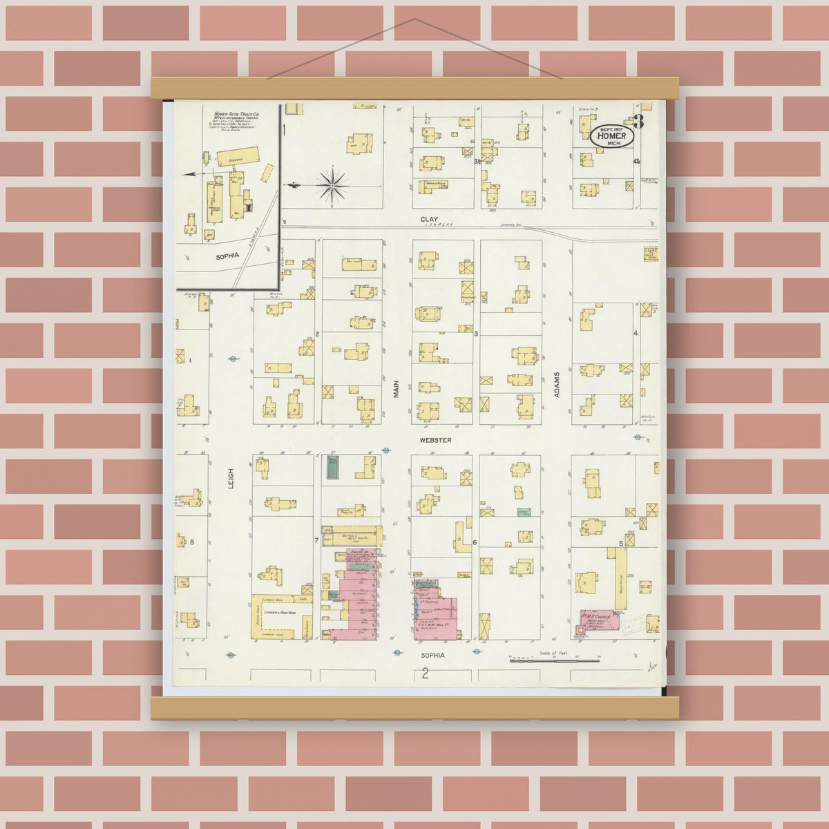 Old map wall art mockup — magnetic wood frame on brick wall — Sanborn Fire Insurance Map from Homer, Calhoun County, Michigan (1907), Sheet #0003