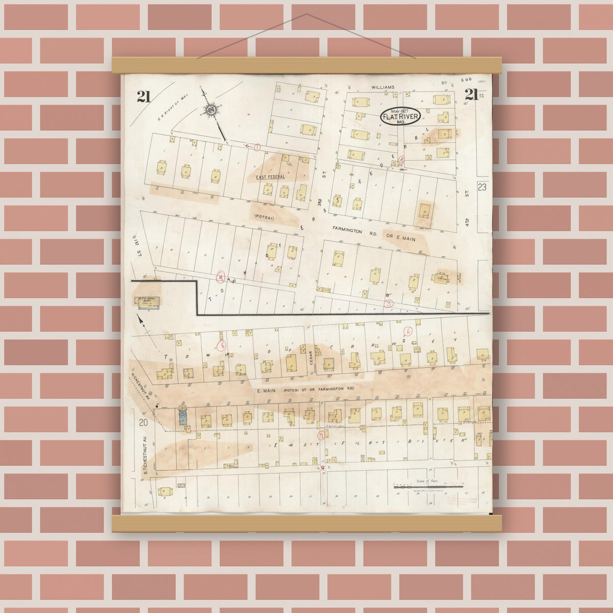 Old map wall art mockup — magnetic wood frame on brick wall — Sanborn Fire Insurance Map from Flat River, Saint Francois County, Missouri (1938), Sheet #0021