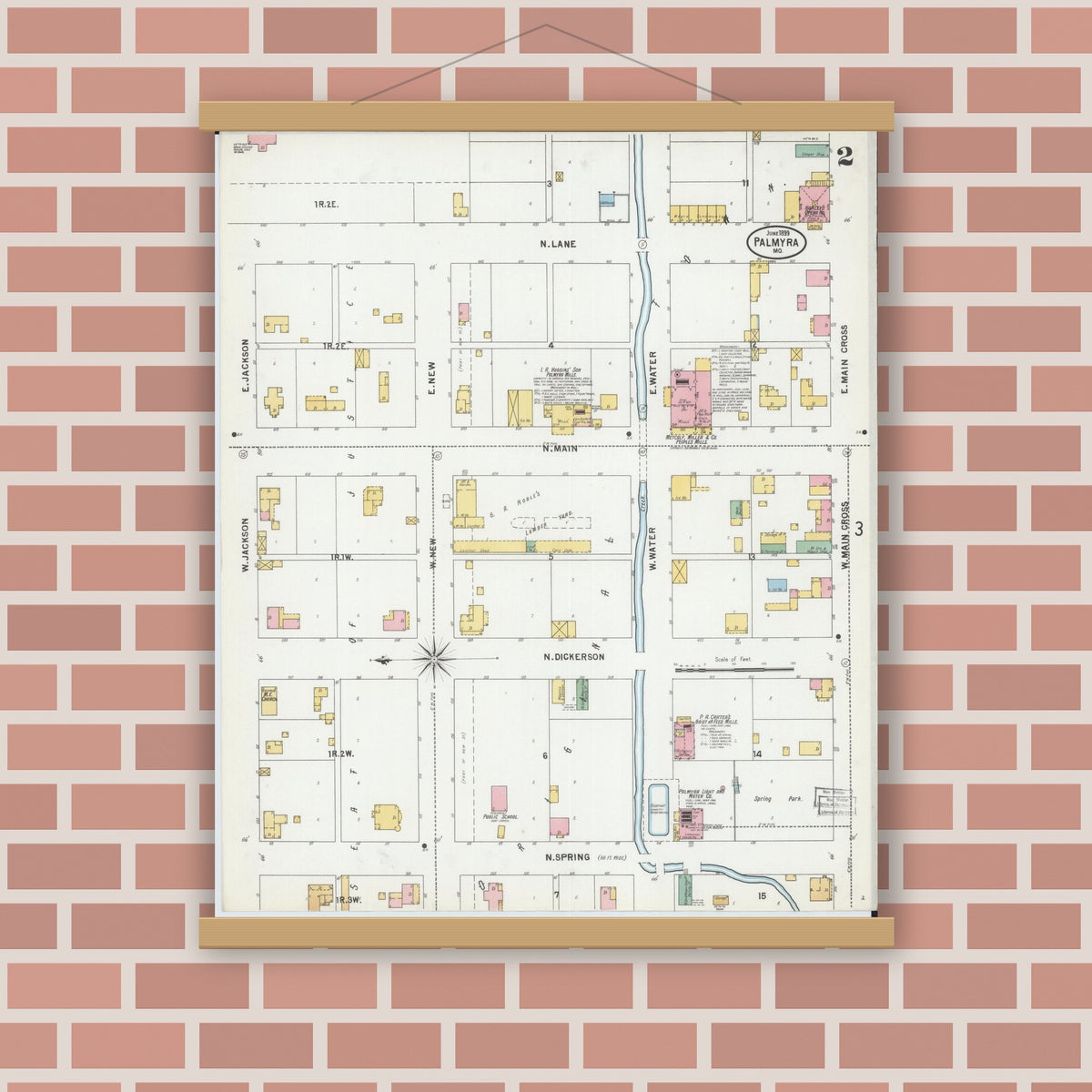 Old map wall art mockup — magnetic wood frame on brick wall — Sanborn Fire Insurance Map from Palmyra, Marion County, Missouri (1899), Sheet #0002