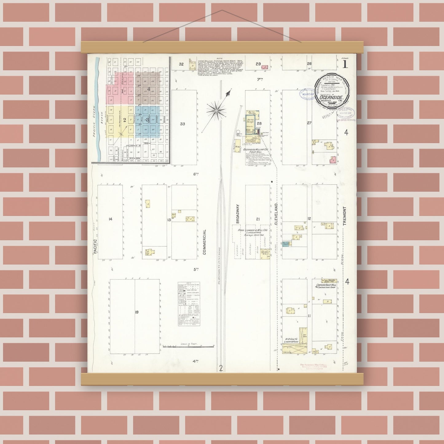 Old map wall art mockup — magnetic wood frame on brick wall — Sanborn Fire Insurance Map from Oceanside, San Diego County, California (1897) - Complete Map Set
