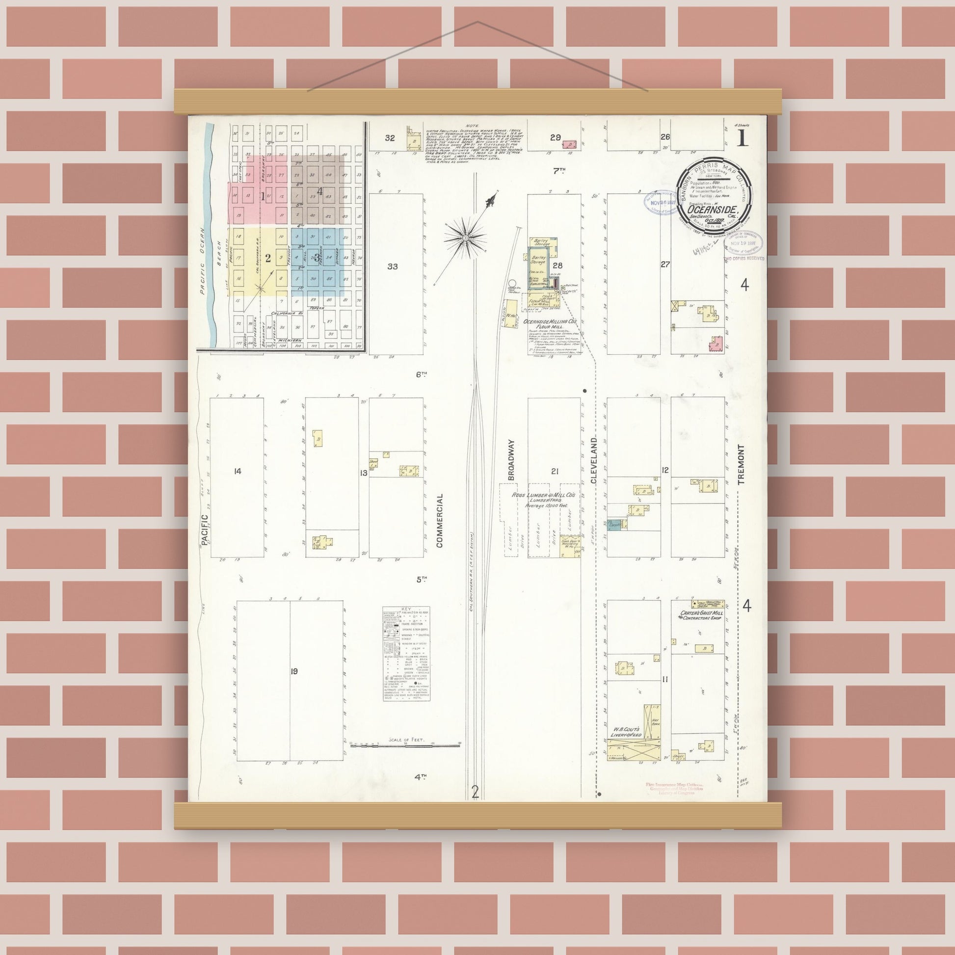 Old map wall art mockup — magnetic wood frame on brick wall — Sanborn Fire Insurance Map from Oceanside, San Diego County, California (1897) - Complete Map Set