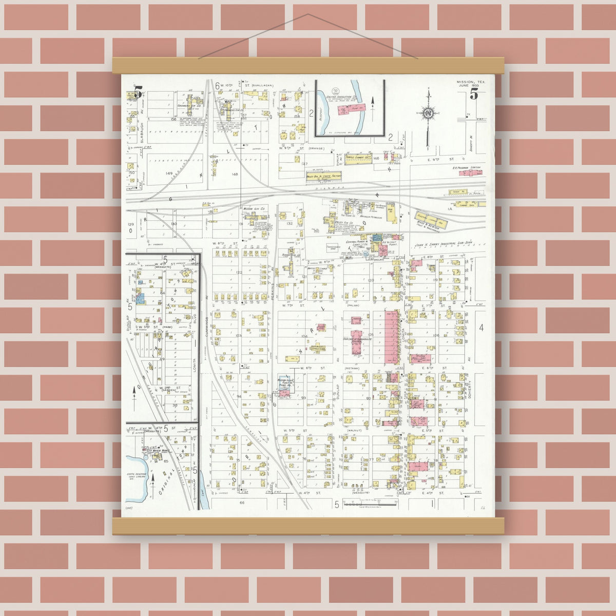 Old map wall art mockup — magnetic wood frame on brick wall — Sanborn Fire Insurance Map from Mission, Hidalgo County, Texas (1933), Sheet #0005