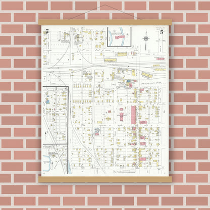 Old map wall art mockup — magnetic wood frame on brick wall — Sanborn Fire Insurance Map from Mission, Hidalgo County, Texas (1933), Sheet #0005