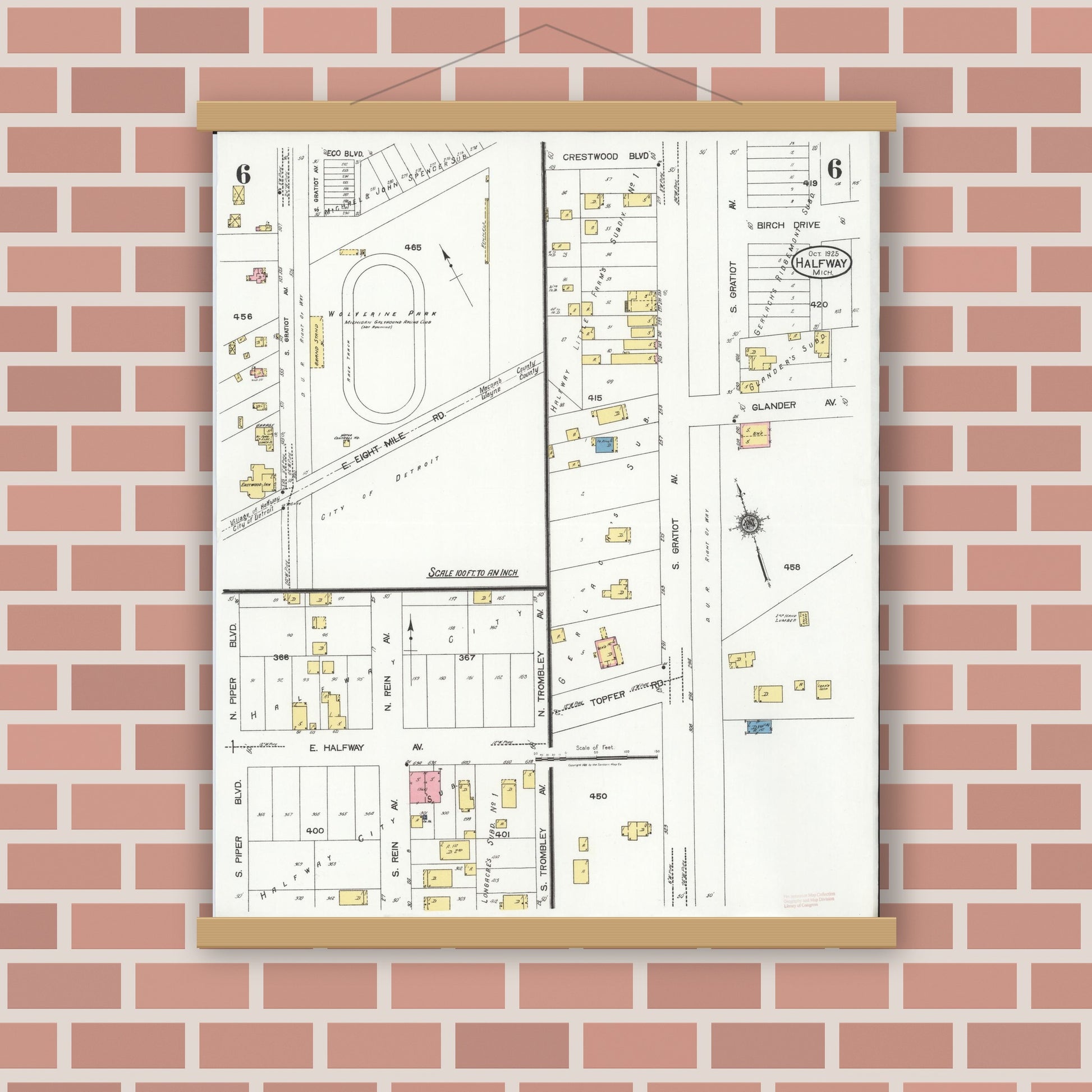 Old map wall art mockup — magnetic wood frame on brick wall — Sanborn Fire Insurance Map from Halfway, Macomb County, Michigan (1925), Sheet #0006
