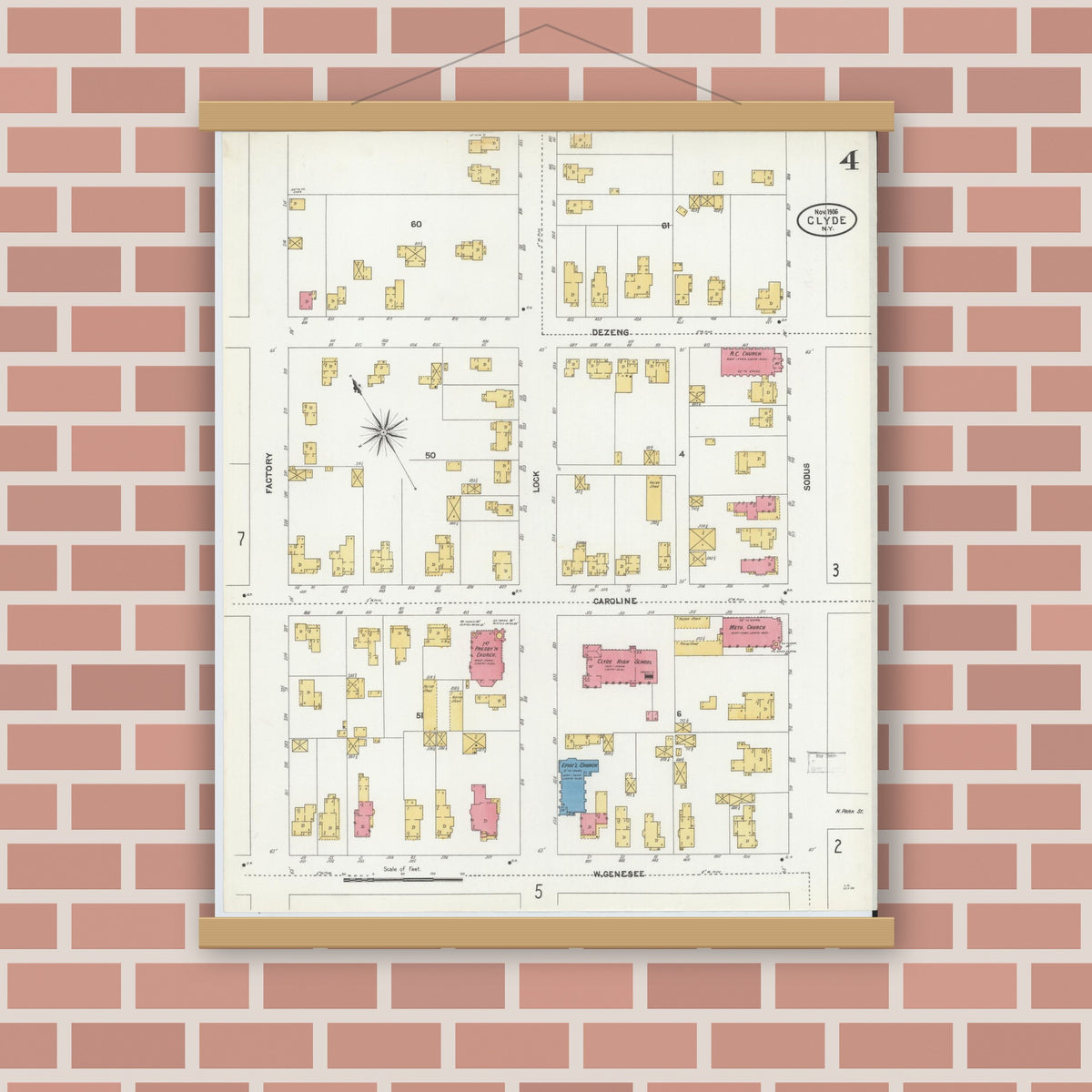 Old map wall art mockup — magnetic wood frame on brick wall — Sanborn Fire Insurance Map from Clyde, Wayne County, New York (1906), Sheet #0004