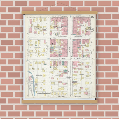 Old map wall art mockup — magnetic wood frame on brick wall — Sanborn Fire Insurance Map from Ann Arbor, Washtenaw County, Michigan (1892), Sheet #0002