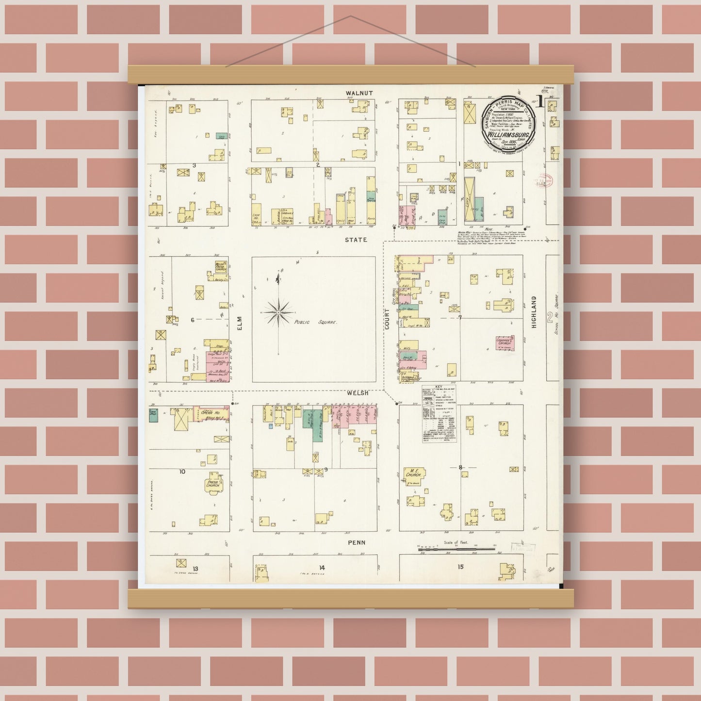 Old map wall art mockup — magnetic wood frame on brick wall — Sanborn Fire Insurance Map from Williamsburg, Iowa County, Iowa (1895) â€” Complete Set