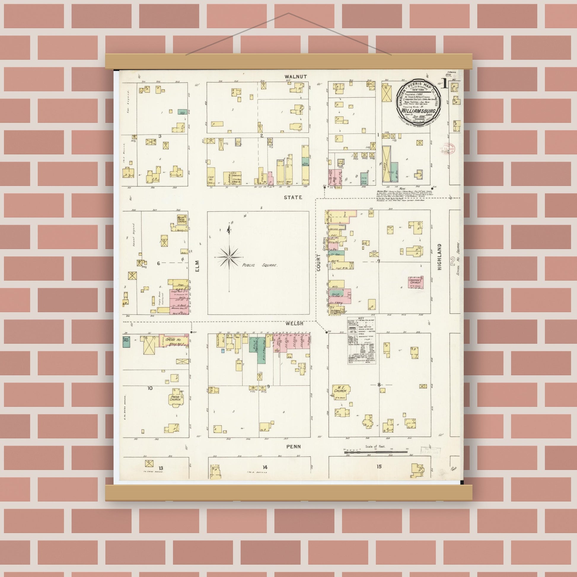 Old map wall art mockup — magnetic wood frame on brick wall — Sanborn Fire Insurance Map from Williamsburg, Iowa County, Iowa (1895) â€” Complete Set