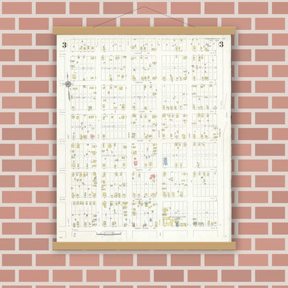 Old map wall art mockup — magnetic wood frame on brick wall — Sanborn Fire Insurance Map from Hebbronville, Jim Hogg County, Texas (1934), Sheet #0003