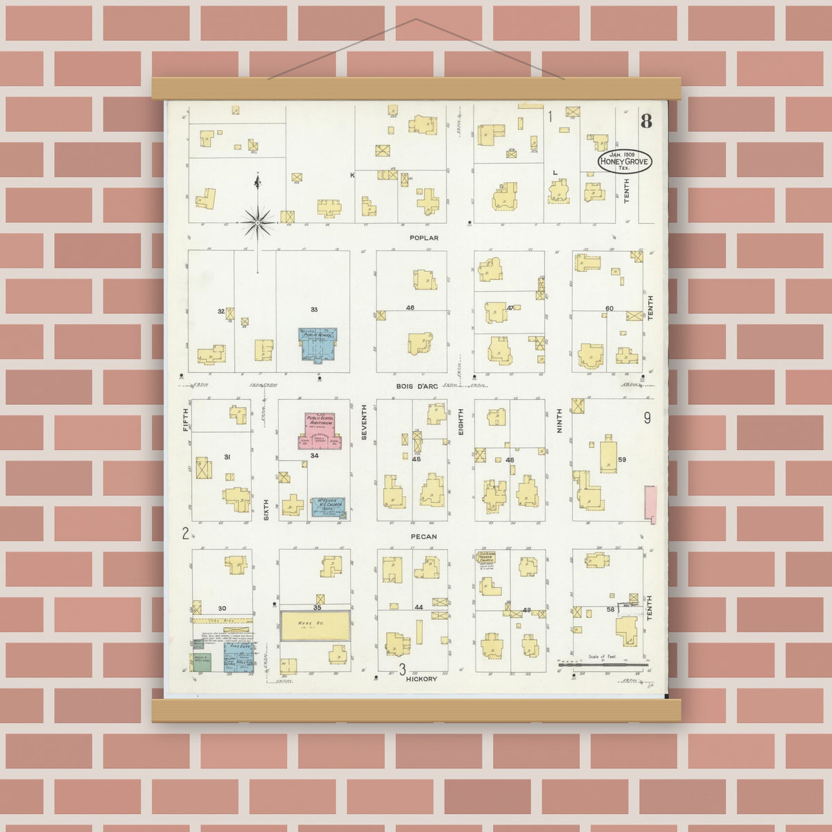 Old map wall art mockup — magnetic wood frame on brick wall — Sanborn Fire Insurance Map from Honey Grove, Fannin County, Texas (1909), Sheet #0008