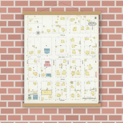 Old map wall art mockup — magnetic wood frame on brick wall — Sanborn Fire Insurance Map from Honey Grove, Fannin County, Texas (1909), Sheet #0008
