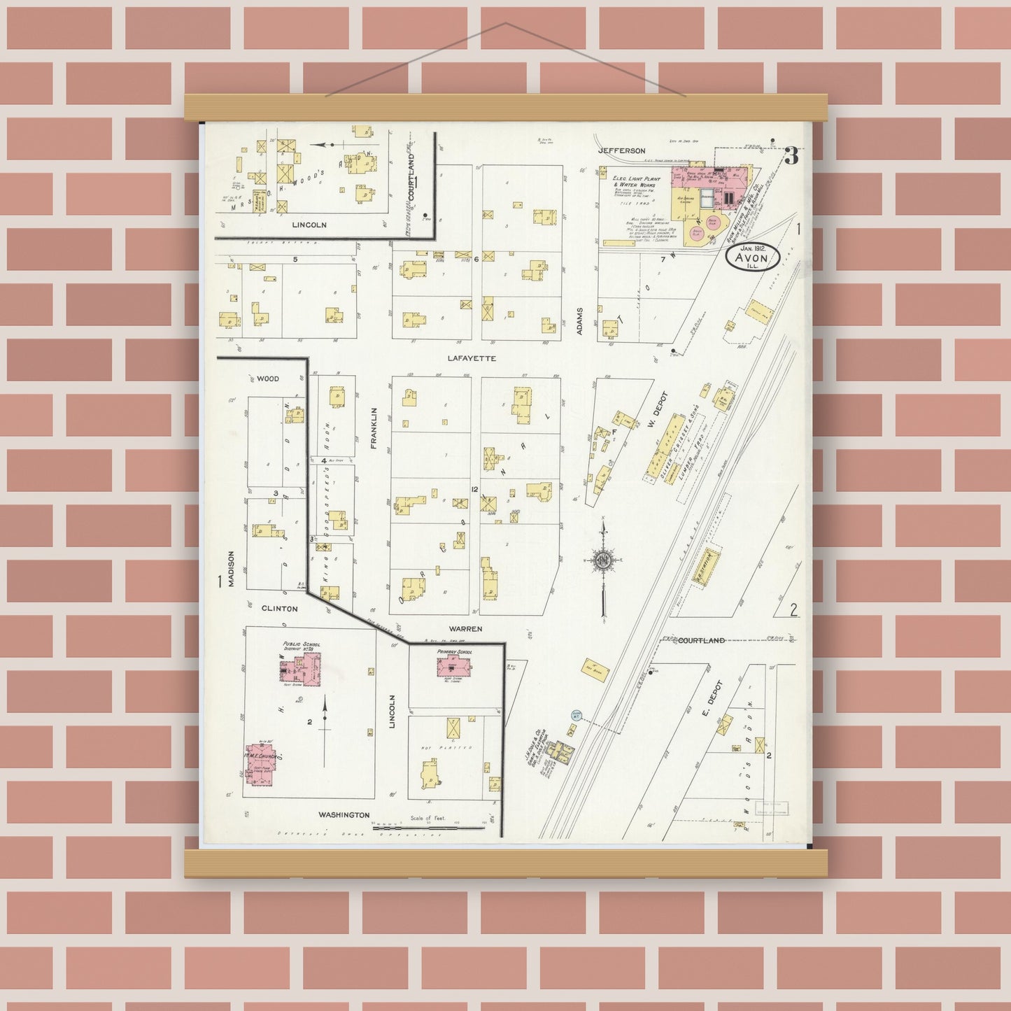 Old map wall art mockup — magnetic wood frame on brick wall — Sanborn Fire Insurance Map from Avon, Fulton County, Illinois (1912), Sheet #0003