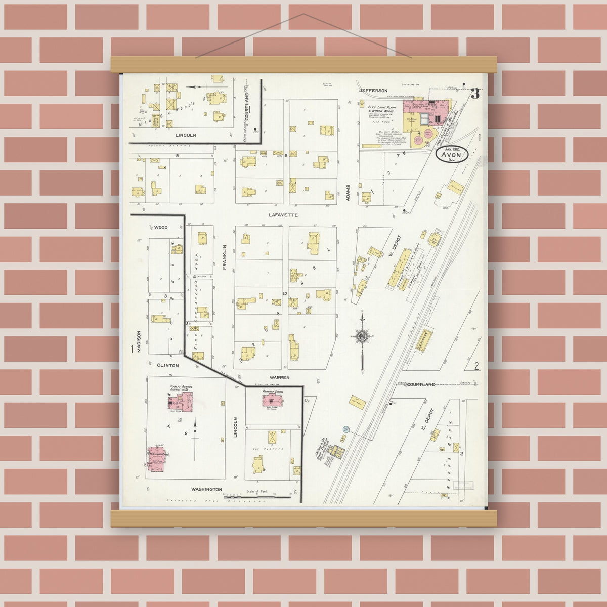 Old map wall art mockup — magnetic wood frame on brick wall — Sanborn Fire Insurance Map from Avon, Fulton County, Illinois (1912), Sheet #0003