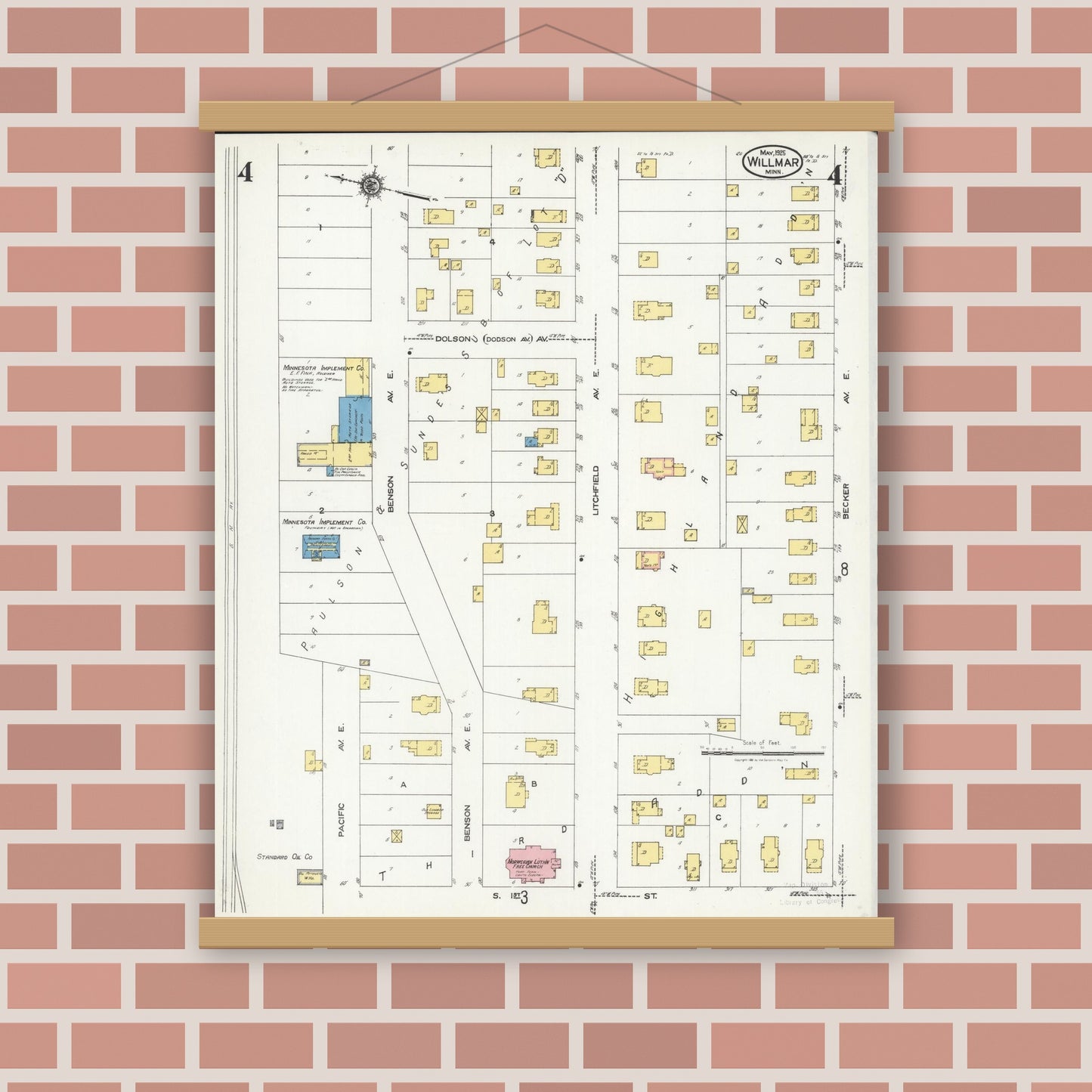 Old map wall art mockup — magnetic wood frame on brick wall — Sanborn Fire Insurance Map from Willmar, Kandiyohi County, Minnesota (1925), Sheet #0004