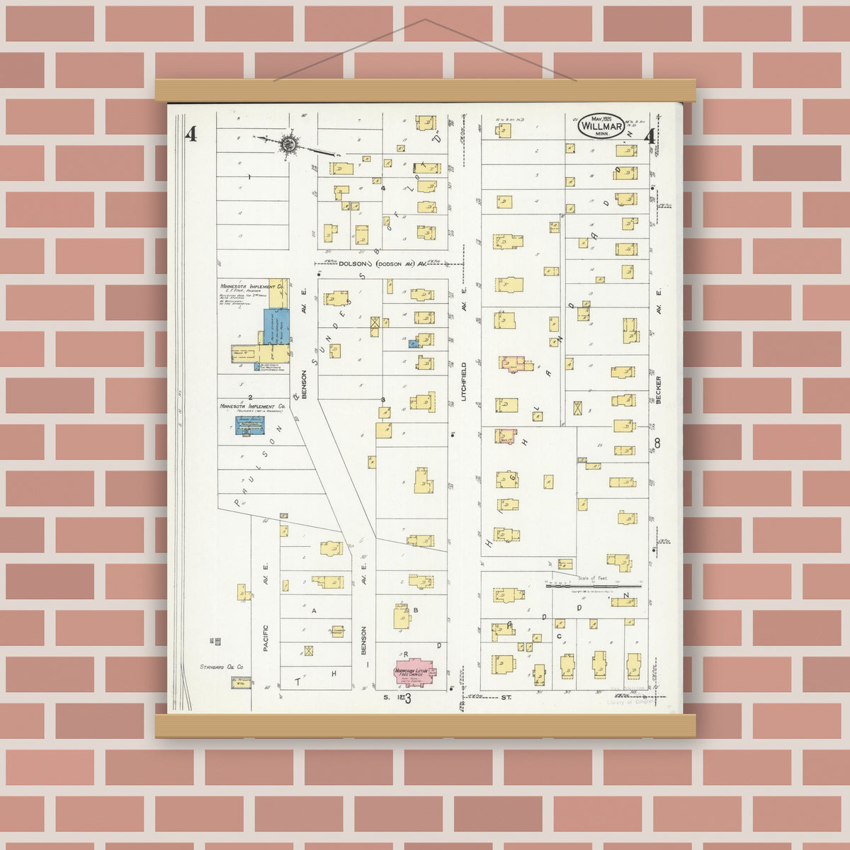 Old map wall art mockup — magnetic wood frame on brick wall — Sanborn Fire Insurance Map from Willmar, Kandiyohi County, Minnesota (1925), Sheet #0004